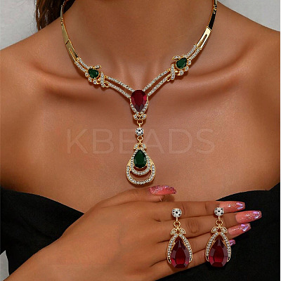 Teardrop Alloy Rhinestone Pendant Necklaces & Stud Dangle Earrings Sets for Women FS-WGFB3C6-01-1