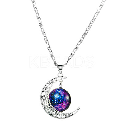 Alloy and Glass Crescent Moon Planet Pendant Necklaces FS-WG0F6DF-02-1