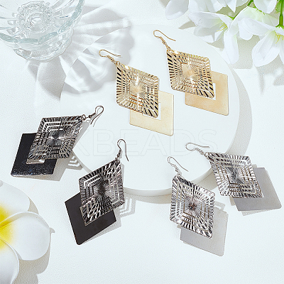 3 Pair 3 Color Alloy Rhombus Dangle Earrings for Women EJEW-FI0001-08-1