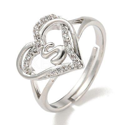 Heart with Letter Rack Plating Brass Micro Pave Clear Cubic Zirconia Adjustable Rings for Women RJEW-I105-01P-S-1