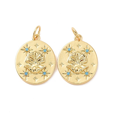 Oval with Shell Pattern Brass Micro Pave Cubic Zirconia Pendants KK-G435-10G-1