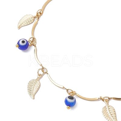 Handmade Evil Eye Lampwork & Stainless Steel Leaf Tassel 304 Stainless Steel Curved Bar Link Chain Anklets for Women AJEW-AN00742-02-1
