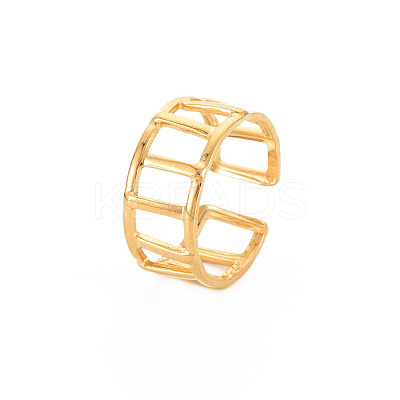 Ion Plating(IP) 304 Stainless Steel Rectangle Hollow Open Cuff Ring for Women RJEW-S405-161G-1