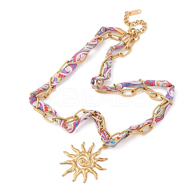 304 Stainless Steel Sun Pendant Printed Polyester Cord Necklaces for Women NJEW-D340-02G-1