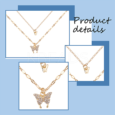 2Pcs 2 Colors Crystal Rhinestone Butterfly Pendant Double Layer Necklaces Set NJEW-AN0001-23-1