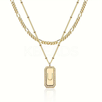 Brass Micro Pave Clear Cubic Zirconia Rectangle with Initial Pendant Double Layer Necklaces for Women FS-WG478B5-21-1
