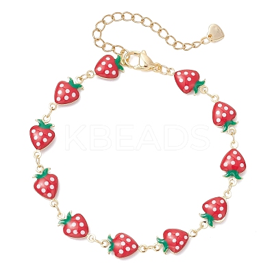 Brass Enamel Strawberry Link Chain Bracelets for Women BJEW-JB12578-1