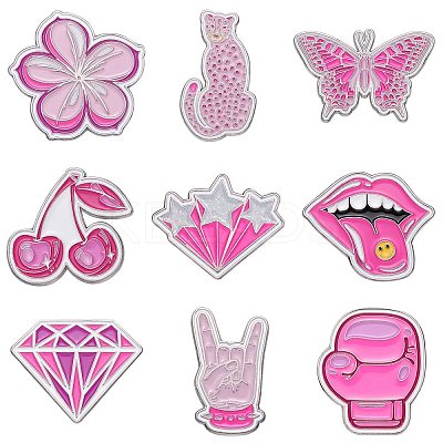 9Pcs 9 Styles Pink Series Enamel Pins JEWB-SZ0002-03-1