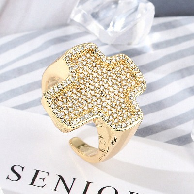 Brass Micro Pave Clear Cubic Zirconia Open Cuff Rings for Women RJEW-R011-03G-01-1