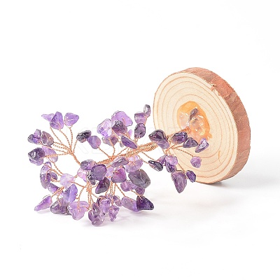 Natural Amethyst Chips with Brass Wrapped Wire Money Tree on Wood Base Display Decorations DJEW-B007-05B-1