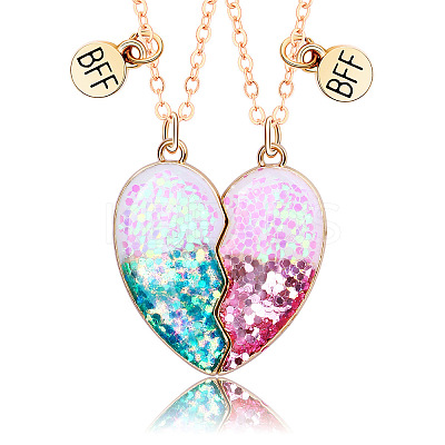 2Pcs Fashionable Alloy Resin BFF Glitter Heart Magnetic Pendant Necklaces for Women FS-WGCB8A0-01-1