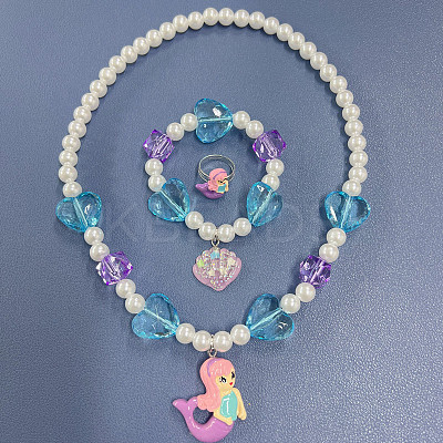 Resin & Glass Bead Pendant Necklaces & Charm Bracelets & Rings Sets FS-WGCCE83-02-1
