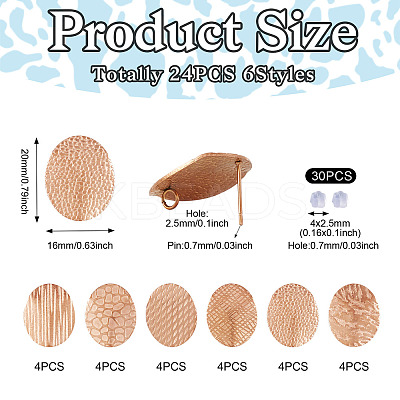 24Pcs 6 Styles 304 Stainless Steel Textured Oval Stud Earrings Findings STAS-TA0002-32RG-1