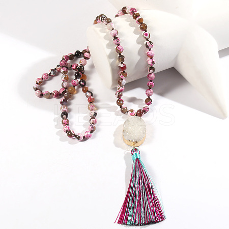 Bohemian Oval Natural Druzy Agate Tassel Pendant Necklaces FS-WGAFDEB-01-1