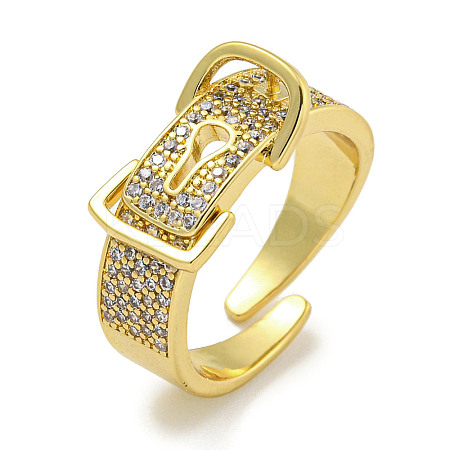 Rack Plating Brass Micro Pave Cubic Zirconia Belt Shape Open Cuff Rings for Women RJEW-F162-10G-1