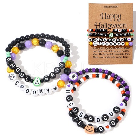 4Pcs Spooky Halloween Acrylic & Glass Beaded Stretch Bracelets EK3057-5-1
