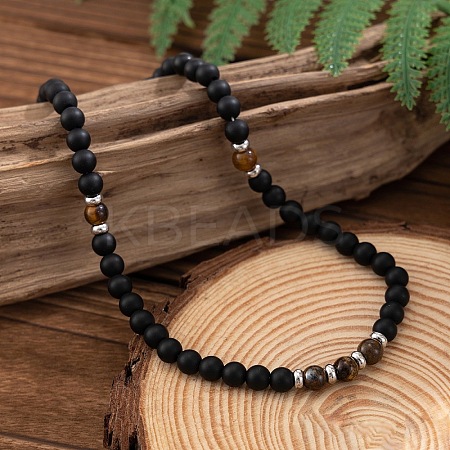 6MM Round Natural Tiger Eye and Frosted Black Stone Beaded Necklaces for Men FQ0489-1-1