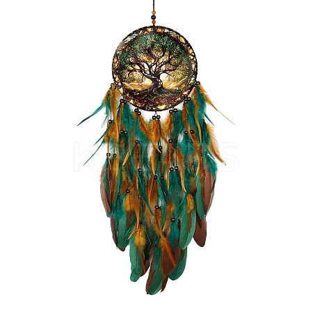 Tree of Life Resin & Acrylic & Woven Net/Web with Feather Hanging Ornaments HJEW-A013-02-1