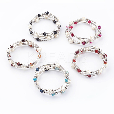 4-Loops Natural Striped Agate/Banded Agate(Dyed) Wrap Bracelets BJEW-JB03356-1