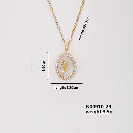 Elegant Vintage Brass Micro Pave Cubic Zirconia Oval with Flower Pendant Necklace for Women UW4443-1-1