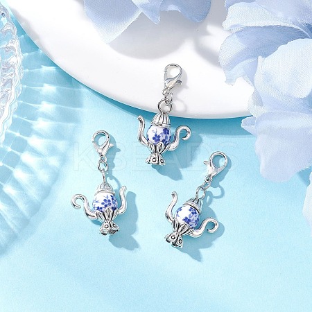 Handmade Flower Printed Porcelain & Tibetan Style Alloy Teapot Pendant Decorations HJEW-JM03670-1