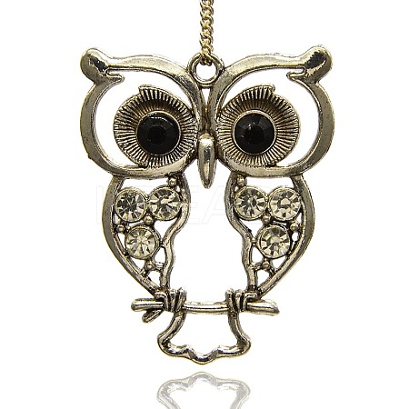 Antique Silver Alloy Rhinestone Owl Large Pendants ALRI-J005-01AS-1