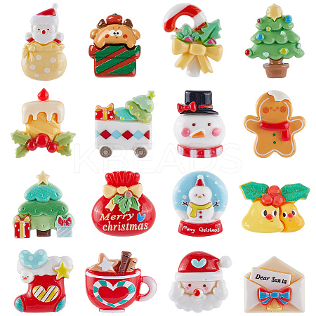64Pcs 16 Styles Christmas Tree/Snowman/Bag/Socking/Santa Claus/Deer/Candy Cane/Fireplace Opaque Resin Decoden Cabochons RESI-SC0005-74-1
