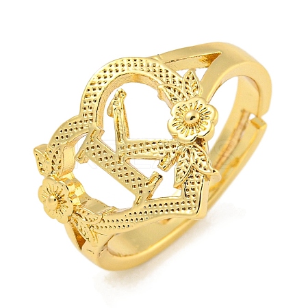 Heart with Letter & Flower Rack Plating Brass Adjustable Rings for Women RJEW-I105-05G-K-1