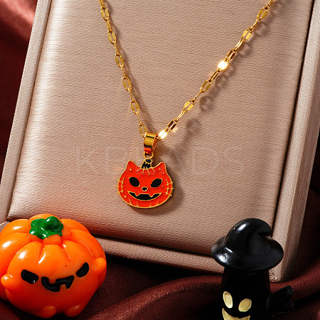 304 Stainless Steel Enamel Halloween Cat Pumpkin Pendant Dapped Chain Necklaces TA2599-1