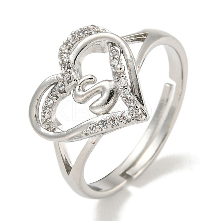 Heart with Letter Rack Plating Brass Micro Pave Clear Cubic Zirconia Adjustable Rings for Women RJEW-I105-01P-S-1