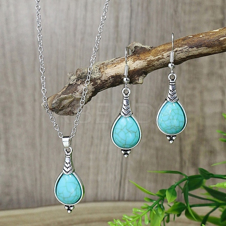 Synthetic Turquoise Pendant Necklaces & Dangle Earrings Sets WGE96E9-04-1