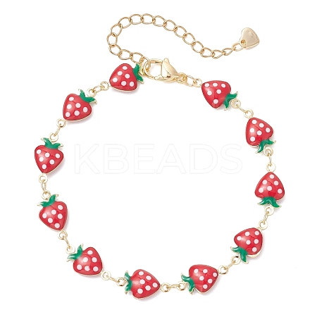 Brass Enamel Strawberry Link Chain Bracelets for Women BJEW-JB12578-1
