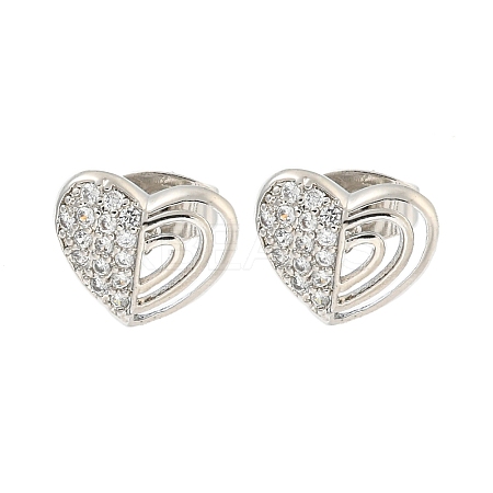Heart Brass Pave Clear Cubic Zirconia Stud Earrings EJEW-M258-36P-1