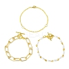 3Pcs 3 Style Aluminium Paperclip & Brass Curb & Imitation Pearl Acrylic Beaded Link Chain Bracelets Set BJEW-FS0001-08-4