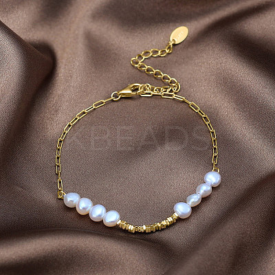 Natural Pearl Beaded Bracelet with 925 Sterling Silver Paperclip Chains BJEW-Z025-06G-1