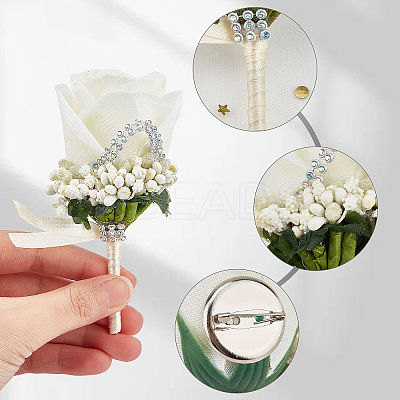 Cloth Rose Flower Boutonniere Brooch with Rhinestone AJEW-WH0258-294C-1