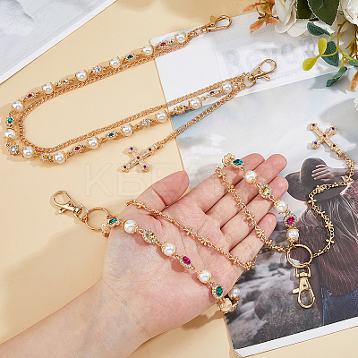 2Pcs 2 Styles Acrylic Colorful Rhinestone & Round Plastic Pearl Link Chain Double Layer Alloy Cross Charm Jean Chains AJEW-HS0001-26KCG-1