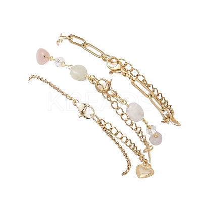 304 Stainless Steel Heart & Natural Morganite Nuggets Link Chain 3 Layer Stackable Necklaces BJEW-JB12459-03-1