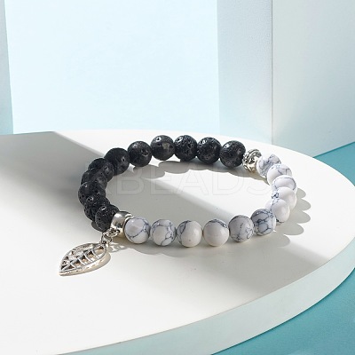 Natural Lava Rock and Synthetic Howlite Round Beads Stretch Bracelet for Men Women BJEW-JB06929-1