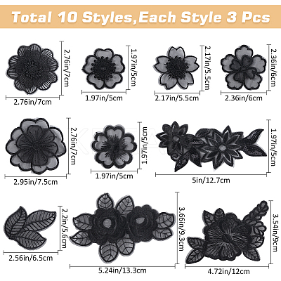 30Pcs 10 Style Flower/Leaf Organza Embroidery Sew on Appliques PATC-GF0001-28-1