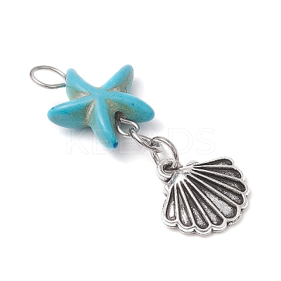 Starfish/Sea Stars Dyed Synthetic Turquoise & Alloy Shell Shape Pendants PALLOY-JF03957-01-1