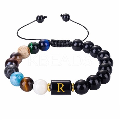 10MM Natural Black Obsidian Alphabet Beaded Braided Bracelets TO2319-18-1