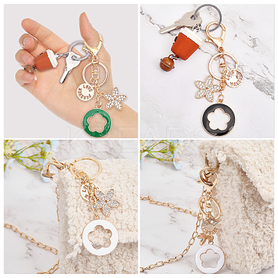 4Pcs 4 Colors Rhinestone Enamel Flower Pendant Keychain with AlloyCharm KEYC-GL0001-08-1