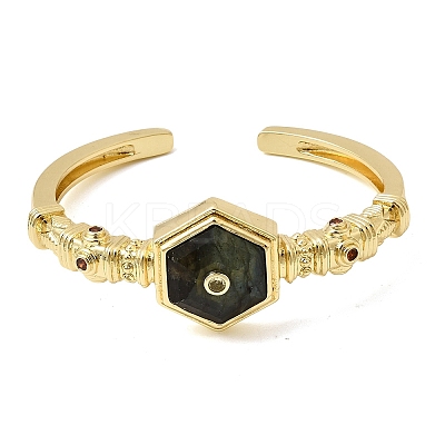Hexagon Brass Pave Natural Labradorite & Cubic Zirconia Cuff Bangles for Women BJEW-Z172-01G-07-1