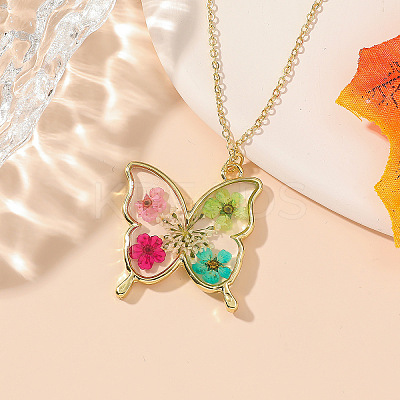 Valentine's Day Alloy Epoxy Resin Butterfly Inner Dried Flower Pendant Necklaces for Women FS-WGBF0A7-01-1