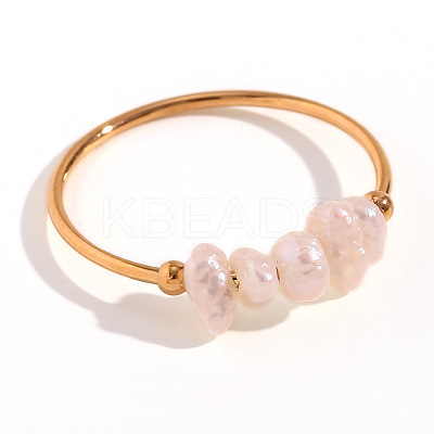 Nuggets Stainless Steel & Natural Freshwater Pearl Beads Finger Rings WG1BE4A-06-1