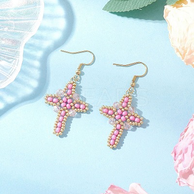 304 Stainless Steel Glass Seeds Cross Dangle Earrings EJEW-MZ00506-04-1