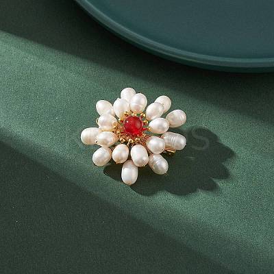 Natural Carnelian & Pearl Braided Bead Flower Lapel Pin JEWB-TA00006-02-1