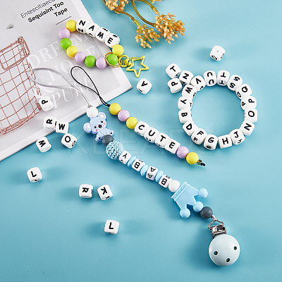 20Pcs White Cube Letter Silicone Beads 12x12x12mm Square Dice Alphabet Beads with 2mm Hole Spacer Loose Letter Beads for Bracelet Necklace Jewelry Making JX432K-1