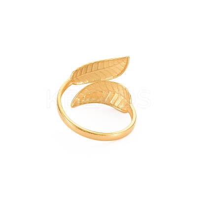 Ion Plating(IP) 304 Stainless Steel Leaf Open Cuff Ring for Women RJEW-S405-175G-1